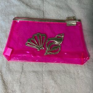 Lilly Pulitzer Neon Pink PVC Cosmetic Sheer Stadium Beach Travel Bag Gold Shells